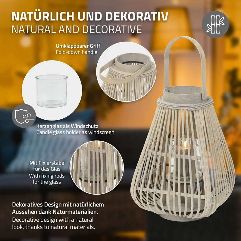 Bambus Laterne, Windlicht H: 50 cm Holzfarbe, Boho Gartenlaterne mit Henkel & Glaseinsatz, Flechtoptik Kerzenhalter