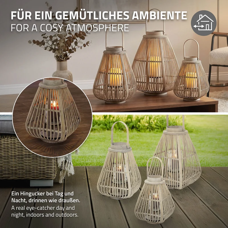 Bambus Laterne, Windlicht H: 42,5 cm Holzfarbe, Boho Gartenlaterne mit Henkel & Glaseinsatz, Flechtoptik Kerzenhalter
