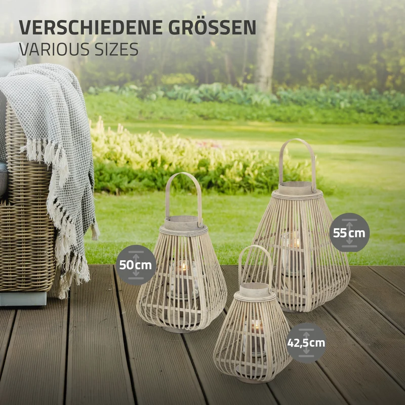 Bambus Laterne, Windlicht H: 42,5 cm Holzfarbe, Boho Gartenlaterne mit Henkel & Glaseinsatz, Flechtoptik Kerzenhalter