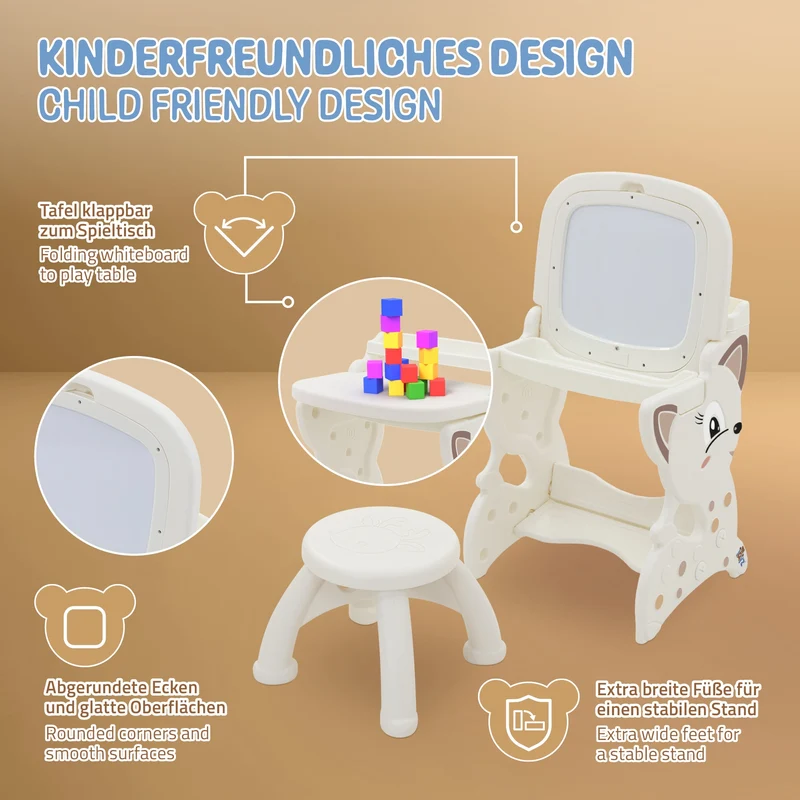 Kindersitzgruppe 3in1 Spieltisch mit 2 Tafeln Kinderhocker und Zubehör Weiß/Creme Joyz