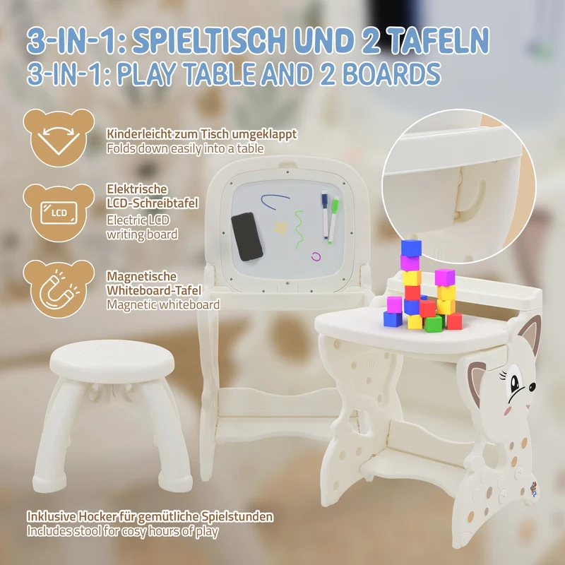 Kindersitzgruppe 3in1 Spieltisch mit 2 Tafeln Kinderhocker und Zubehör Weiß/Creme Joyz