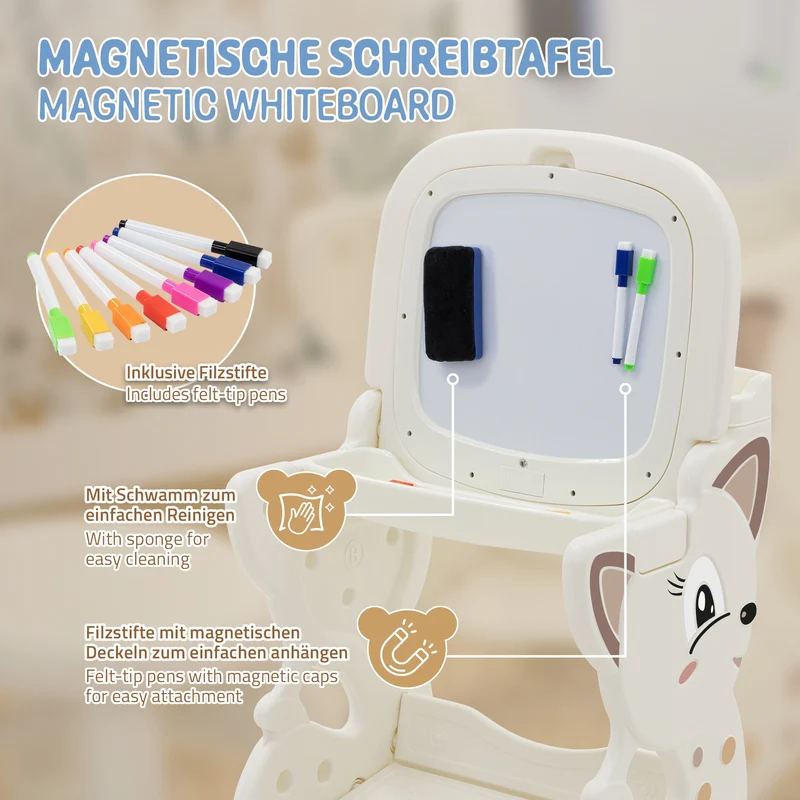 Kindersitzgruppe 3in1 Spieltisch mit 2 Tafeln Kinderhocker und Zubehör Weiß/Creme Joyz