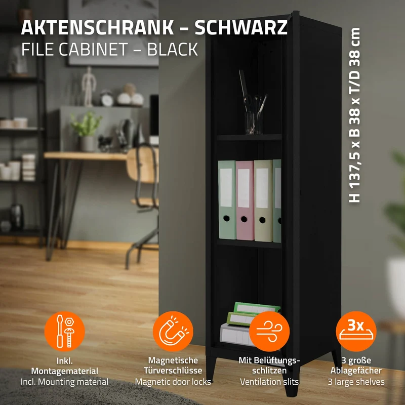 B-Ware Aktenschrank Spindschrank 1-türig 38x38x137,5 cm Schwarz aus Stahl ML-Design