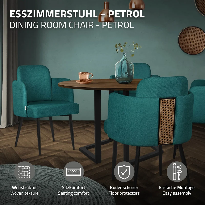 6er Set Esszimmerstühle mit Rücken- & Armlehne Petrol mit Metallbeinen bis 120 kg ML-Design