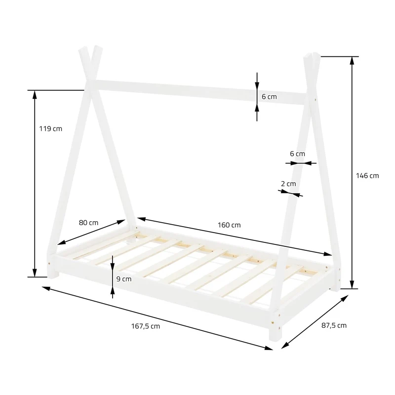 B-Ware Kinderbett Tipi 80x160 cm Weiß aus Kiefernholz Holzbett mit Lattenrost ML-Design