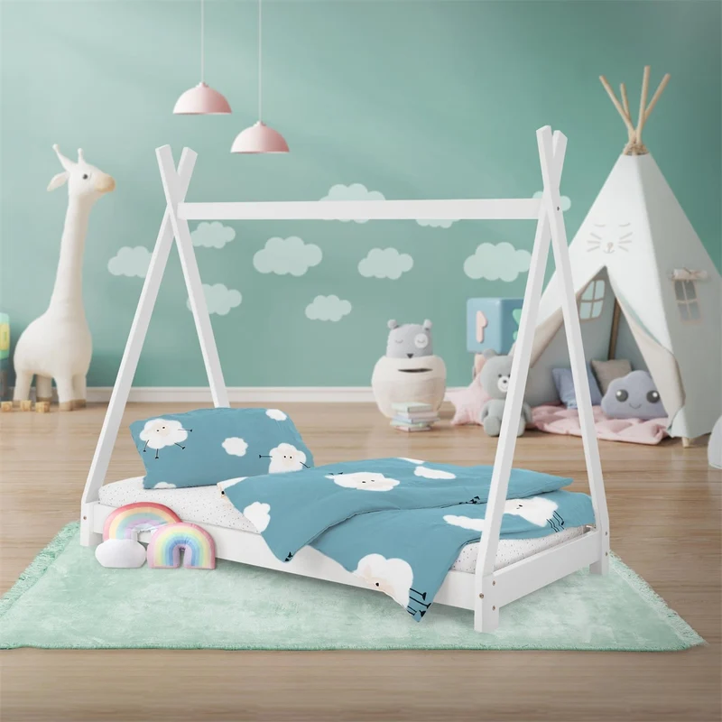 B-Ware Kinderbett Tipi 80x160 cm Weiß aus Kiefernholz Holzbett mit Lattenrost ML-Design