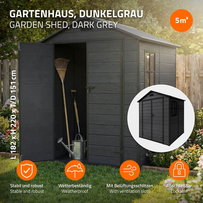 Gartenhaus 5m³ Kunststoff Gerätehaus mit Boden & Satteldach, 151x182x220 cm, Dunkelgrau, Geräteschuppen mit Fenster Doppeltüren