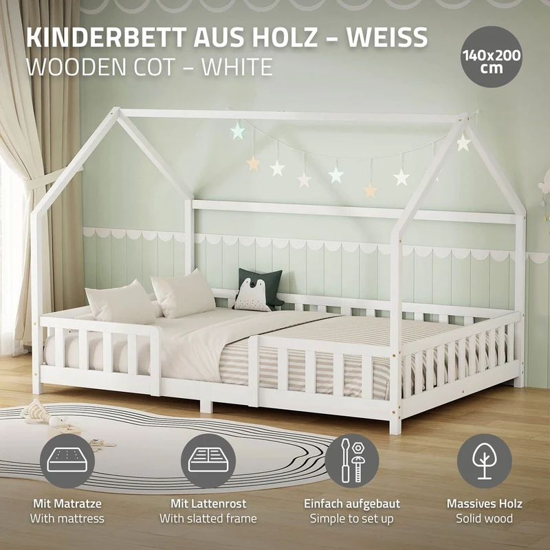 Kinderbett Hausbett 140x200 cm Weiß aus Kiefernholz inkl. Matratze H-16cm Rausfallschutz Dach und Lattenrost ML-Design