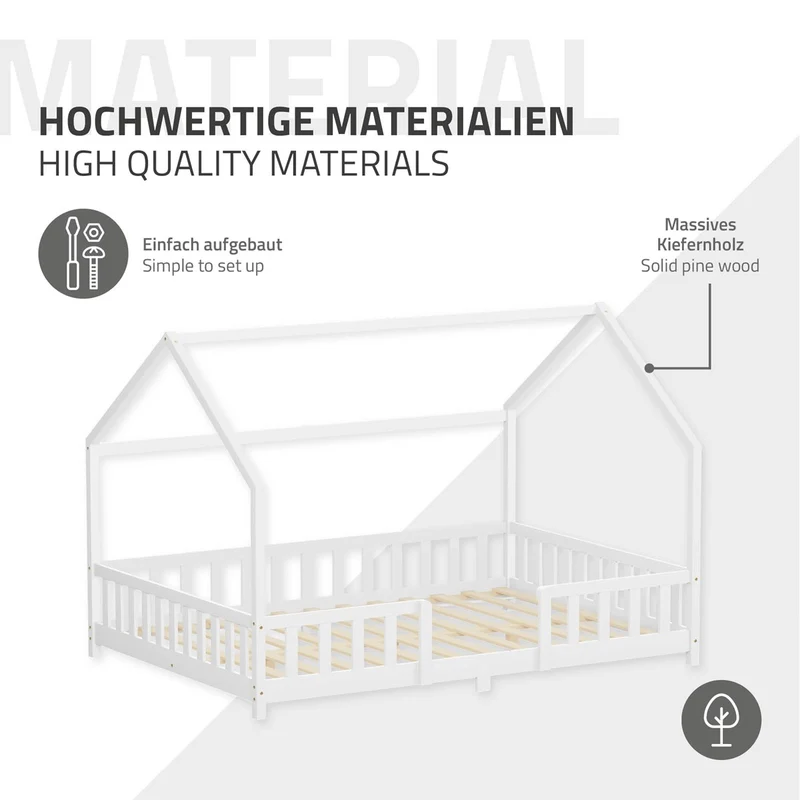 Kinderbett Hausbett 140x200 cm Weiß aus Kiefernholz inkl. Matratze H-16cm Rausfallschutz Dach und Lattenrost ML-Design