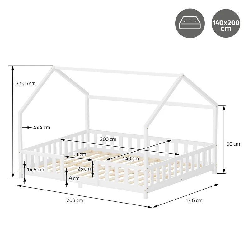 Kinderbett Hausbett 140x200 cm Weiß aus Kiefernholz inkl. Matratze H-16cm Rausfallschutz Dach und Lattenrost ML-Design
