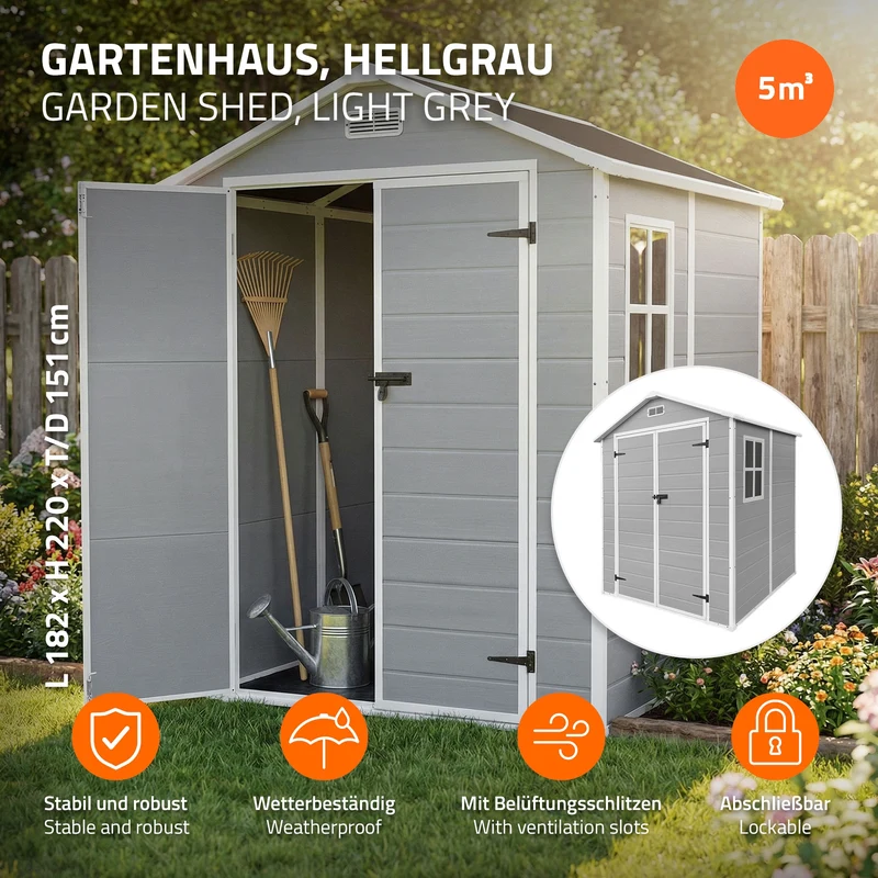 Gartenhaus 5m³ Kunststoff Gerätehaus mit Boden & Satteldach, 151x182x220 cm, Hellgrau, Geräteschuppen mit Fenster Doppeltüren