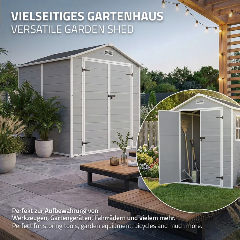 Gartenhaus 5m³ Kunststoff Gerätehaus mit Boden & Satteldach, 151x182x220 cm, Hellgrau, Geräteschuppen mit Fenster Doppeltüren