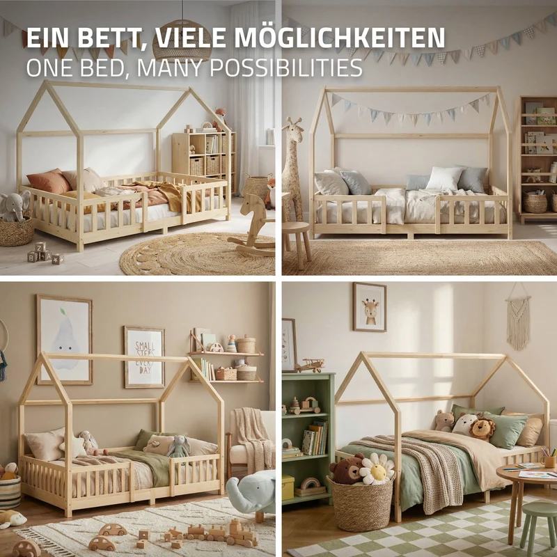 Kinderbett Hausbett 140x200 cm Natur aus Kiefernholz inkl. Matratze H-16cm Rausfallschutz Dach und Lattenrost ML-Design