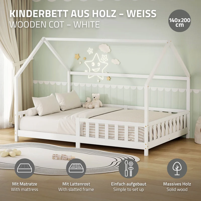Kinderbett Hausbett 140x200 cm Weiß aus Kiefernholz inkl. Matratze H-16cm Rausfallschutz Dach und Lattenrost ML-Design