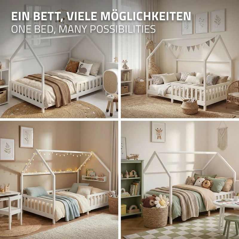 Kinderbett Hausbett 140x200 cm Weiß aus Kiefernholz inkl. Matratze H-16cm Rausfallschutz Dach und Lattenrost ML-Design