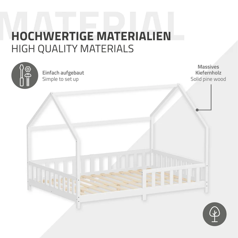 Kinderbett Hausbett 140x200 cm Weiß aus Kiefernholz inkl. Matratze H-16cm Rausfallschutz Dach und Lattenrost ML-Design