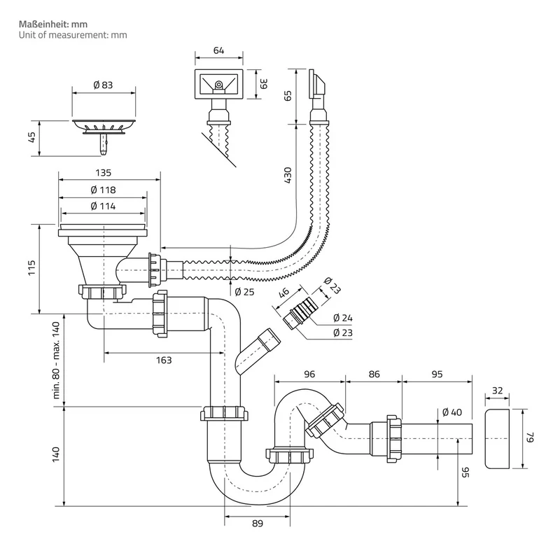 Einbauspüle 34x40 cm Anthrazit mit Ablaufgarnitur und Überlauf aus Edelstahl ML-Design