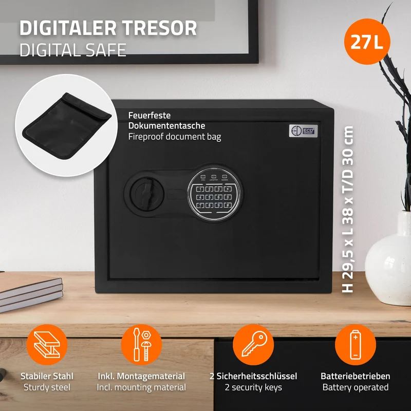 Safe Tresor 27L aus Stahl mit Elektronikschloss, Notschlüsseln und feuerfester Tasche