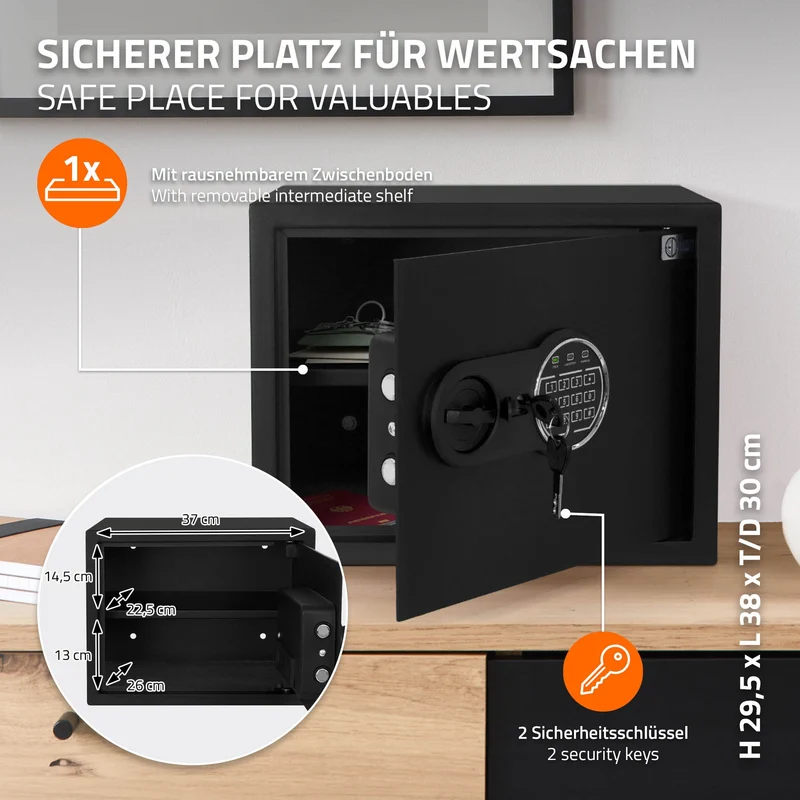 Safe Tresor 27L aus Stahl mit Elektronikschloss, Notschlüsseln und feuerfester Tasche