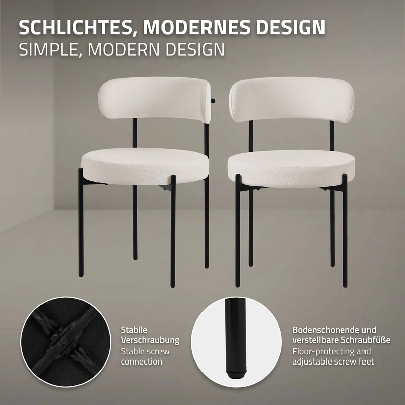 Esszimmerstuhl 4er Set mit Teddystoff mit Rückenlehne Weiß Küchenstuhl ML-Design
