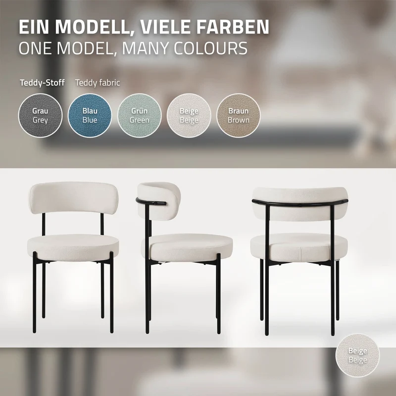 Esszimmerstuhl 4er Set mit Teddystoff mit Rückenlehne Weiß Küchenstuhl ML-Design
