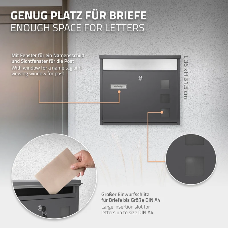 Briefkasten 36x31,5x11,5 cm Anthrazit aus Edelstahl ML-Design