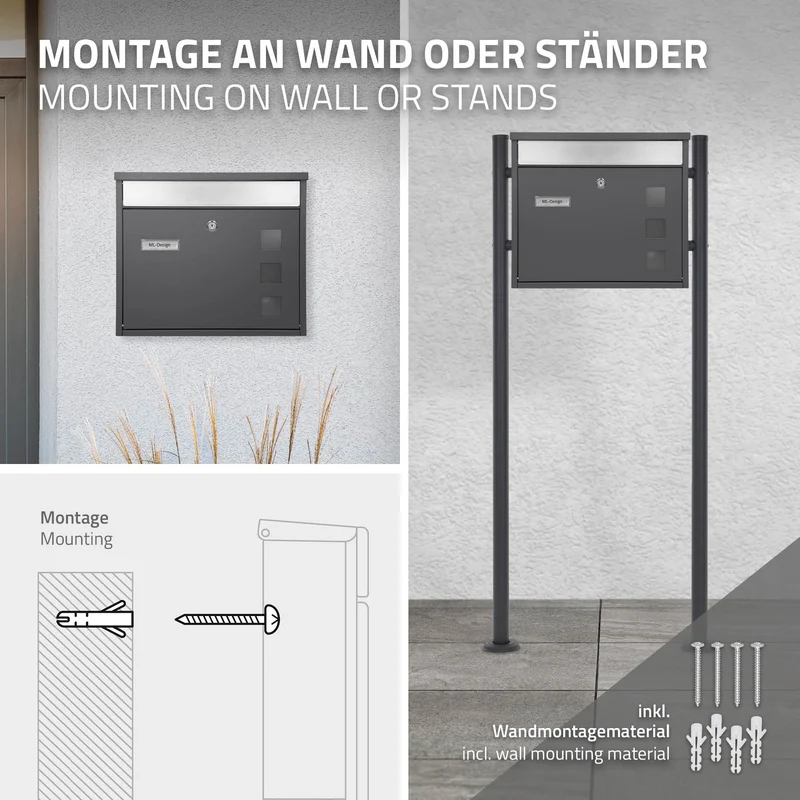Briefkasten 36x31,5x11,5 cm Anthrazit aus Edelstahl ML-Design