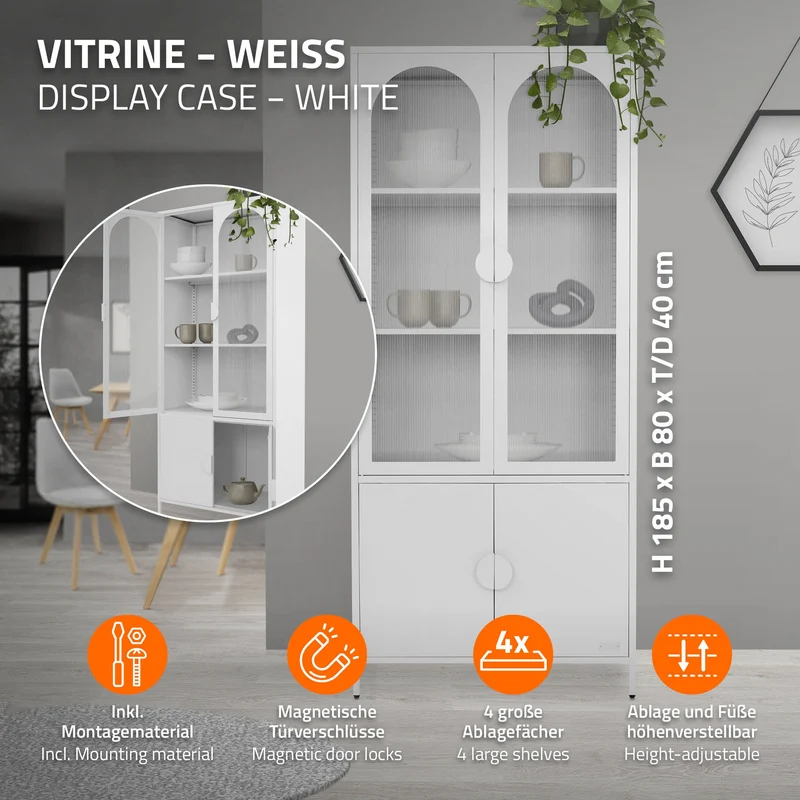 Vitrinenschrank 80x185x40 cm Weiß mit 4 Ablage-/Regalfächer & 4 Türen Vitrine aus Stahl ML-Design