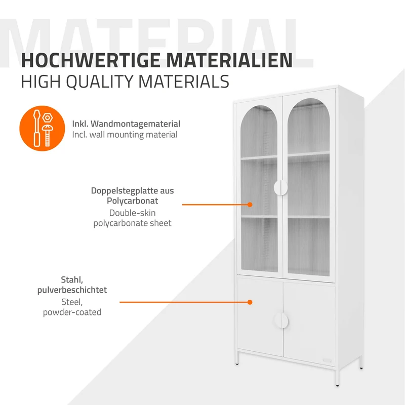 Vitrinenschrank 80x185x40 cm Weiß mit 4 Ablage-/Regalfächer & 4 Türen Vitrine aus Stahl ML-Design