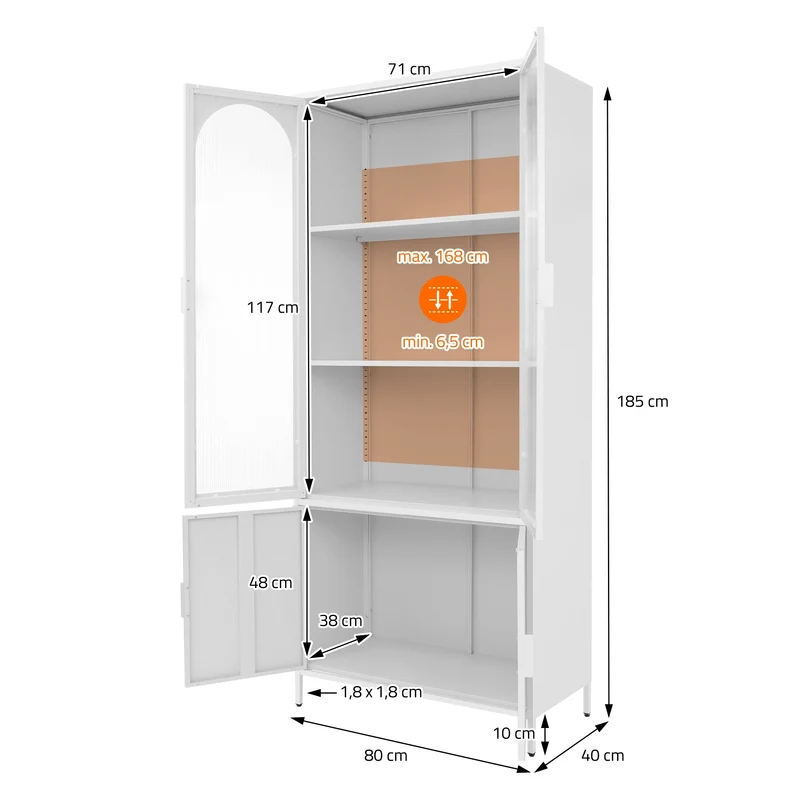 Vitrinenschrank 80x185x40 cm Weiß mit 4 Ablage-/Regalfächer & 4 Türen Vitrine aus Stahl ML-Design