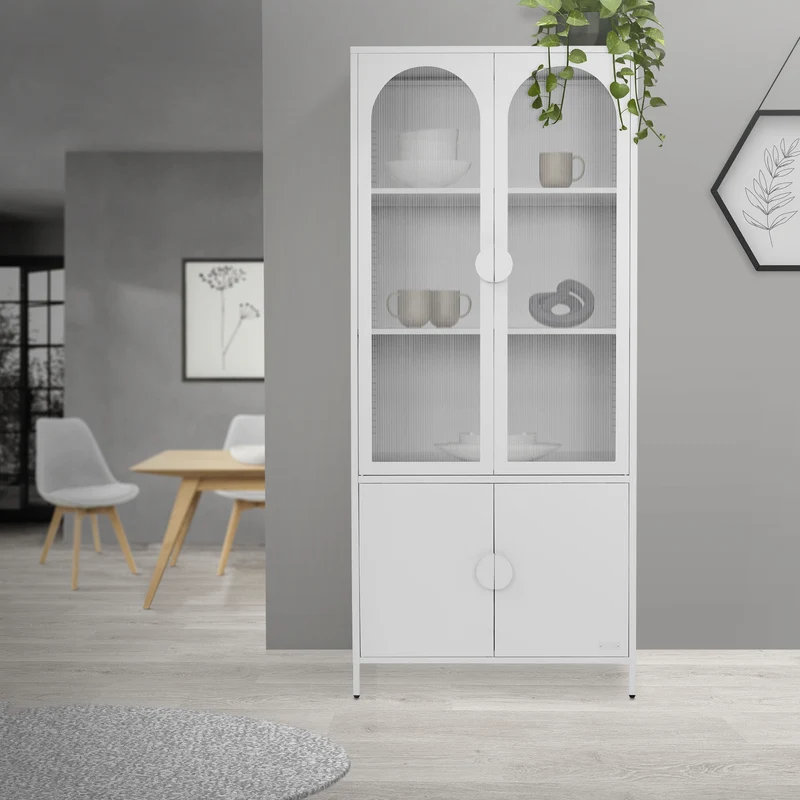 Vitrinenschrank 80x185x40 cm Weiß mit 4 Ablage-/Regalfächer & 4 Türen Vitrine aus Stahl ML-Design