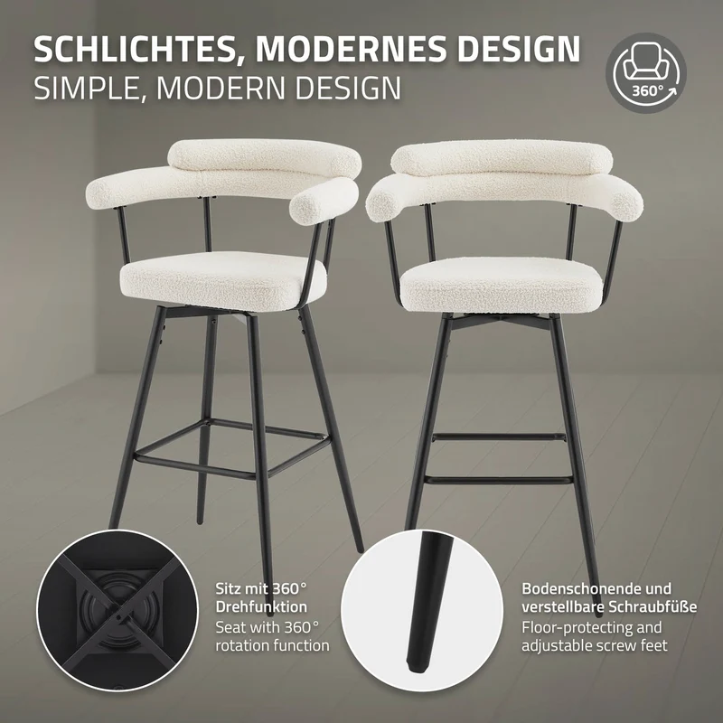 4er Set Barhocker 360° drehbar Beige 61x103x55 cm mit Arm-, Rückenlehne und Fußstütze bis 120 kg ML-Design