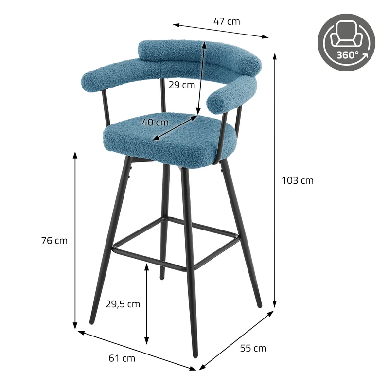 4er Set Barhocker 360° drehbar Blau 61x103x55 cm mit Arm-, Rückenlehne und Fußstütze bis 120 kg ML-Design