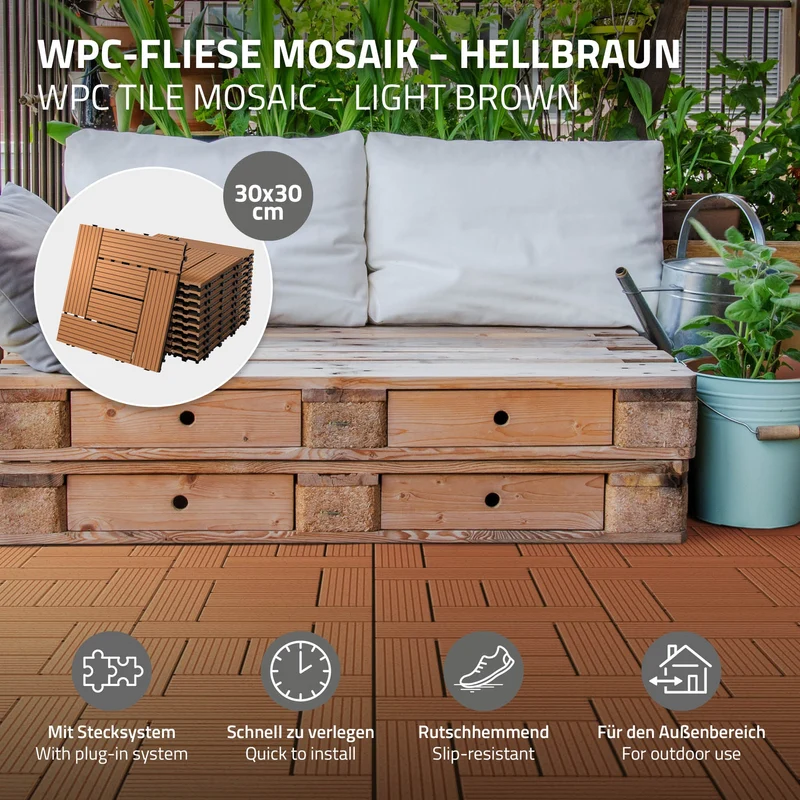 WPC Terrassenfliesen 30x30 cm 55er Set für 5m² Hellbraun in Holzoptik Mosaik mit Drainage und Klicksystem