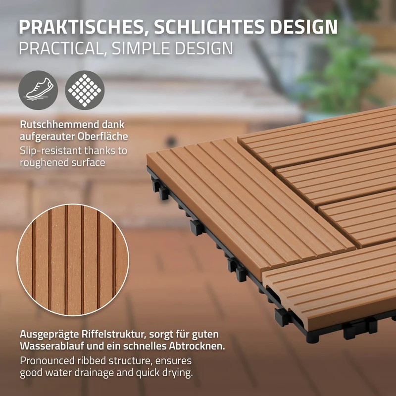 WPC Terrassenfliesen 30x30 cm 55er Set für 5m² Hellbraun in Holzoptik Mosaik mit Drainage und Klicksystem