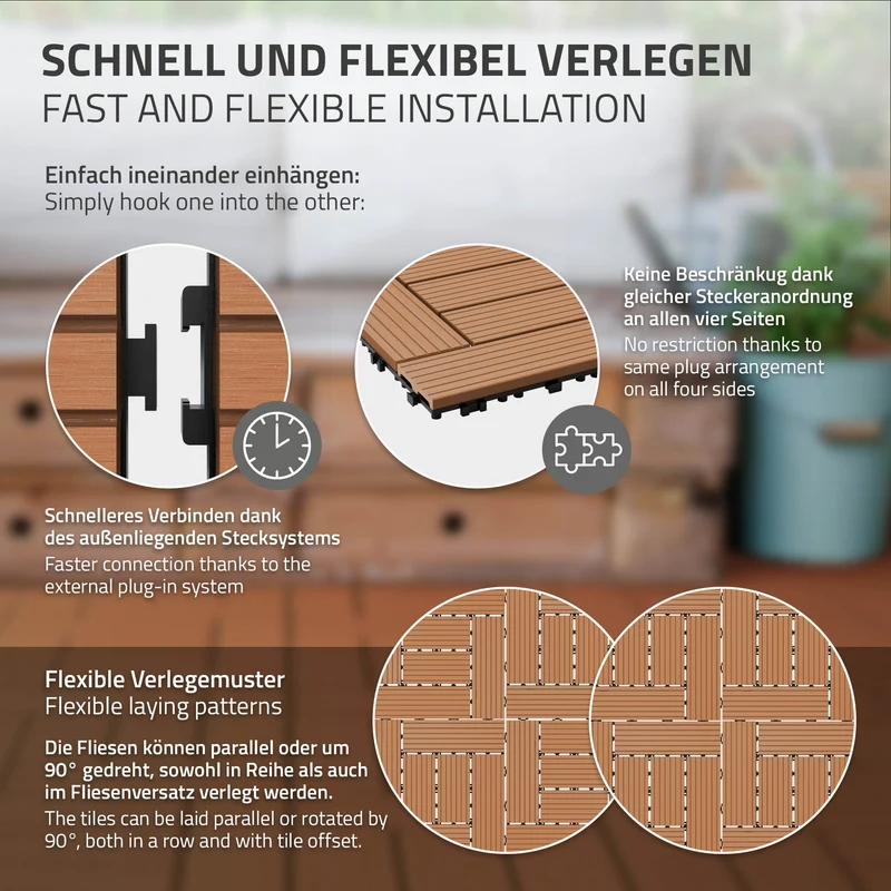 WPC Terrassenfliesen 30x30 cm 55er Set für 5m² Hellbraun in Holzoptik Mosaik mit Drainage und Klicksystem