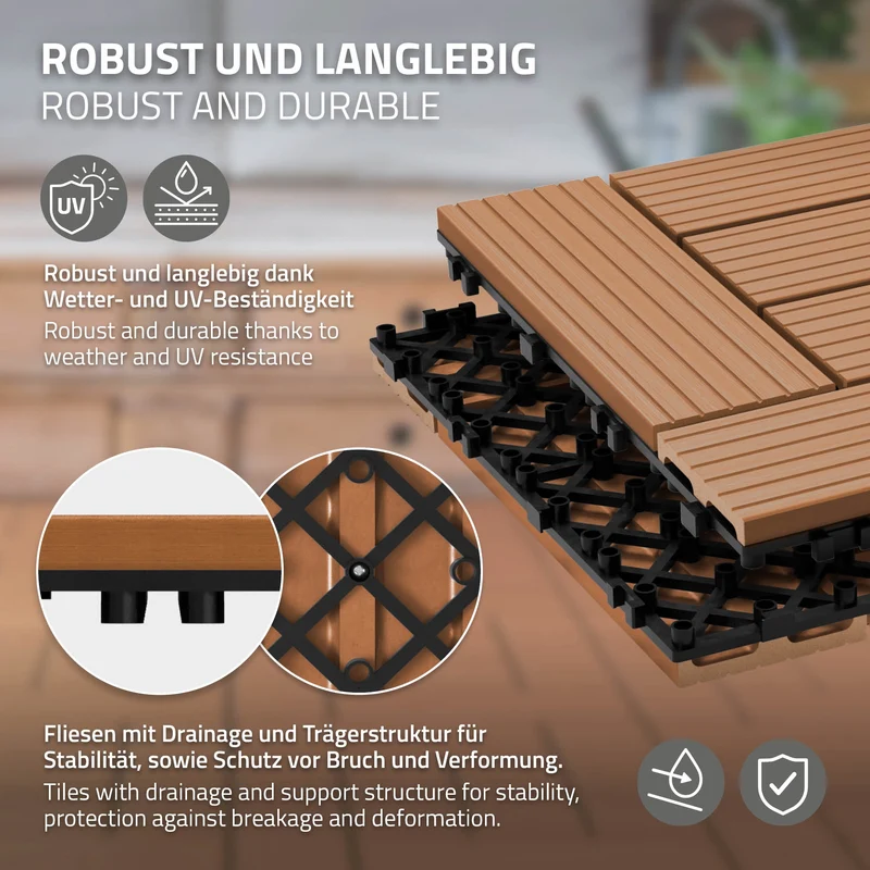 WPC Terrassenfliesen 30x30 cm 44er Set für 4m² Hellbraun in Holzoptik Mosaik mit Drainage und Klicksystem