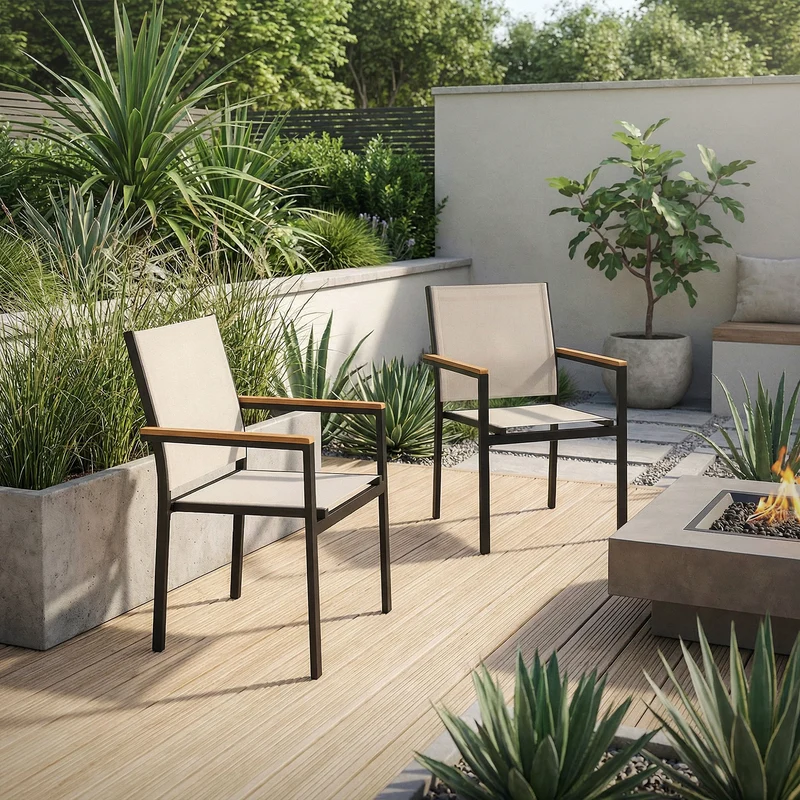 B-Ware Gartenstühle 2er Set mit Armlehnen Beige aus Textilene, Balkonstuhl mit Aluminiumgestell ML-Design