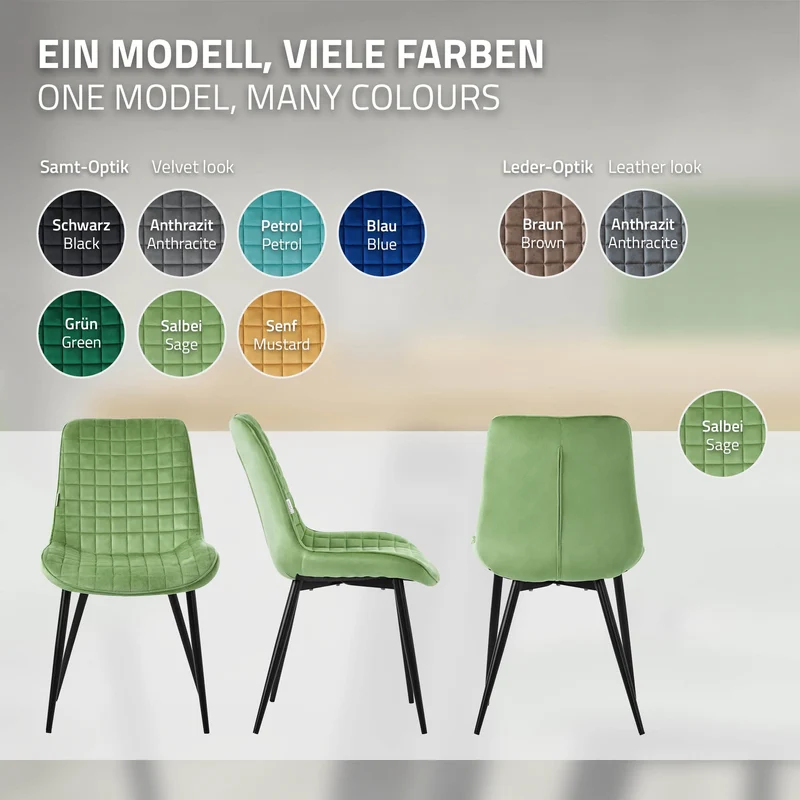 B-Ware Esszimmerstuhl 2er Set Salbei mit Samtbezug und Stahlbeinen Küchenstuhl mit Rückenlehne ML-Design