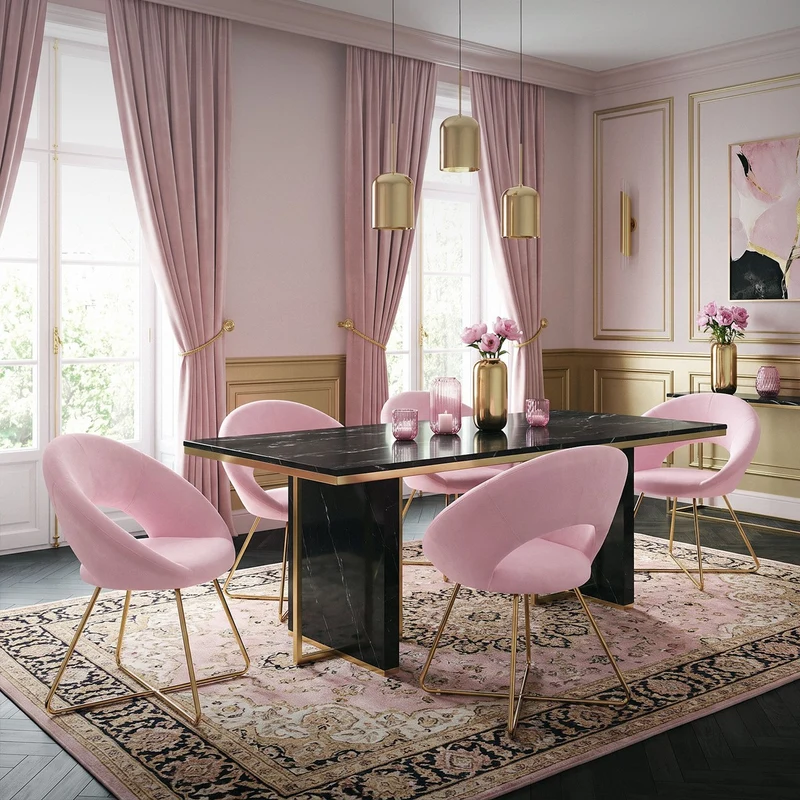 B-Ware Esszimmerstuhl mit runder offener Rückenlehne Rosa aus Samt mit goldenen Metallbeinen ML-Design