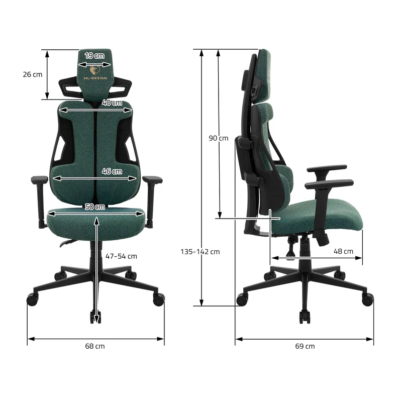 Gaming Stuhl mit Armlehne, Kopfstütze und Lordosenstütze Grün, aus Stoff ML-Design