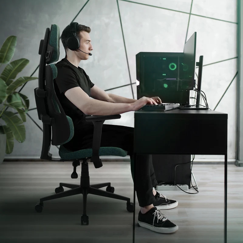 Gaming Stuhl mit Armlehne, Kopfstütze und Lordosenstütze Grün, aus Stoff ML-Design