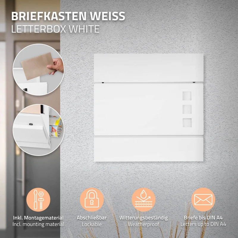 Standbriefkasten mit Zeitungsfach 37 cm Weiß inkl. Ständer 120 cm hoch Silber Briefkasten freistehend