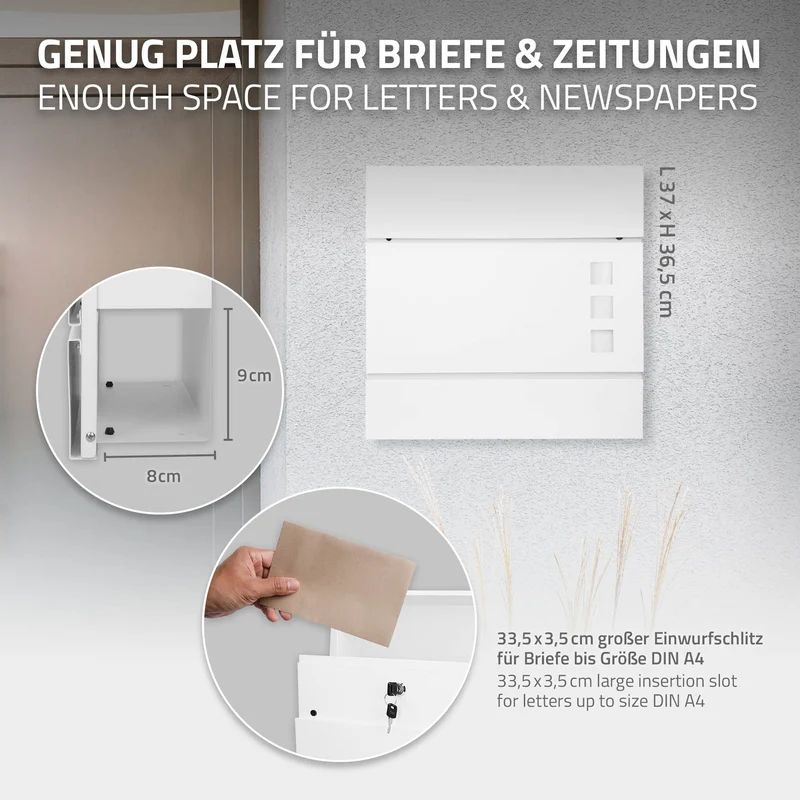 Standbriefkasten mit Zeitungsfach 37 cm Weiß inkl. Ständer 120 cm hoch Silber Briefkasten freistehend