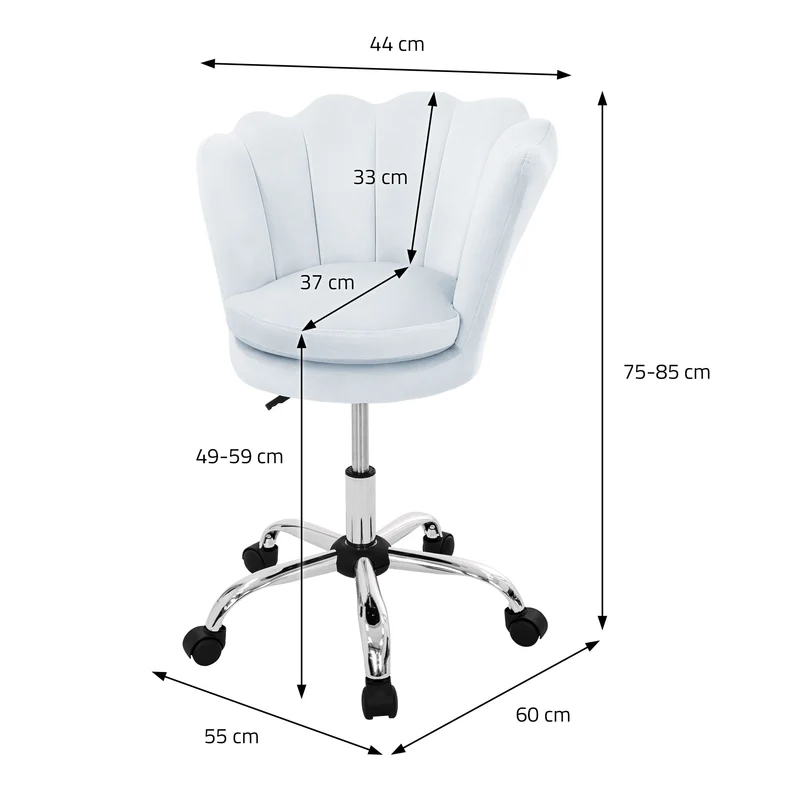 Bürostuhl mit Rollen und Rückenlehne Muscheldesign 55x60 cm Hellblau aus Samt Schminktisch Stuhl ML-Design