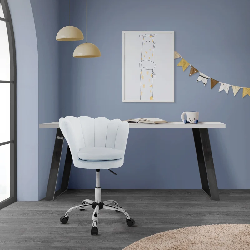 Bürostuhl mit Rollen und Rückenlehne Muscheldesign 55x60 cm Hellblau aus Samt Schminktisch Stuhl ML-Design