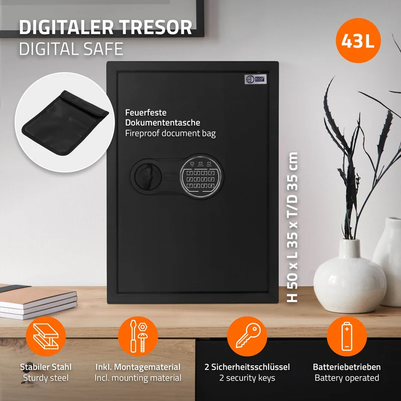 Safe Tresor 43L aus Stahl mit Elektronikschloss, Notschlüsseln und feuerfester Tasche