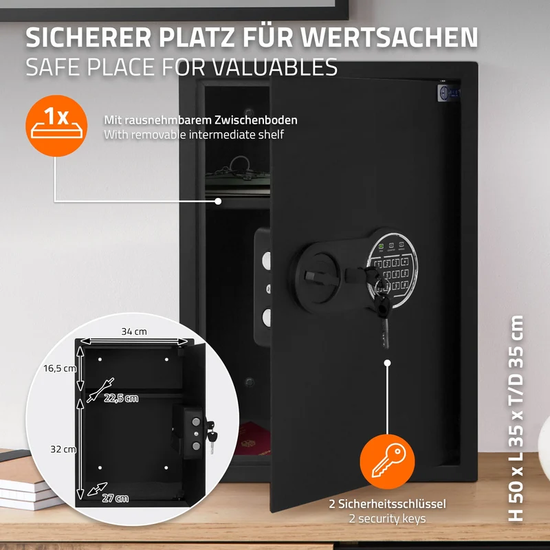 Safe Tresor 43L aus Stahl mit Elektronikschloss, Notschlüsseln und feuerfester Tasche