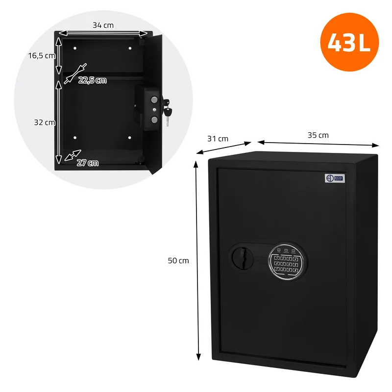 Safe Tresor 43L aus Stahl mit Elektronikschloss, Notschlüsseln und feuerfester Tasche