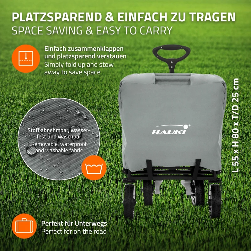 HAUKI | Bollerwagen XXL faltbar mit Dach und Tasche bis 120 kg aus Stahl Grau Transportwagen Handwagen klappbar für Kinder Picknick Garten & Camping
